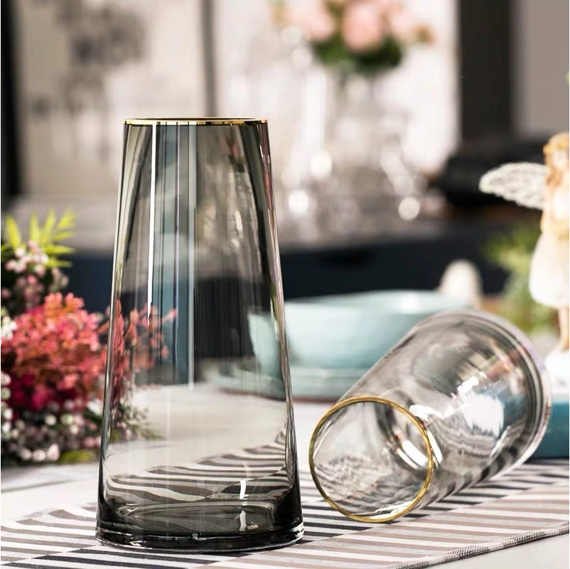 T Shape Simple Glass Flower Vase with Golden Rim